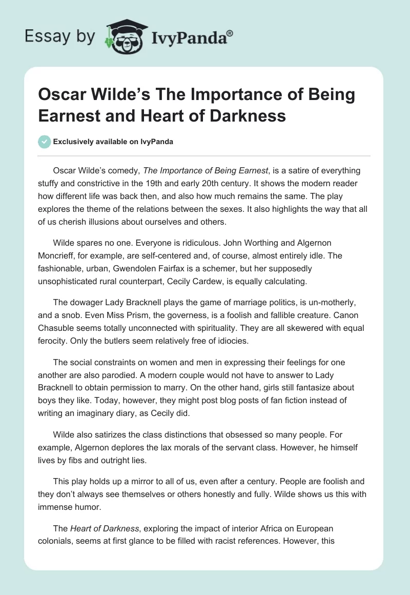 Oscar Wilde’s The Importance of Being Earnest and Heart of Darkness. Page 1