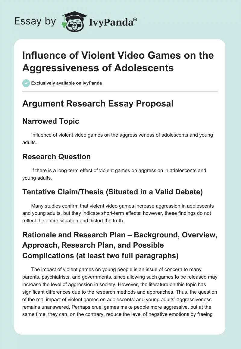 Influence of Violent Video Games on the Aggressiveness of Adolescents. Page 1