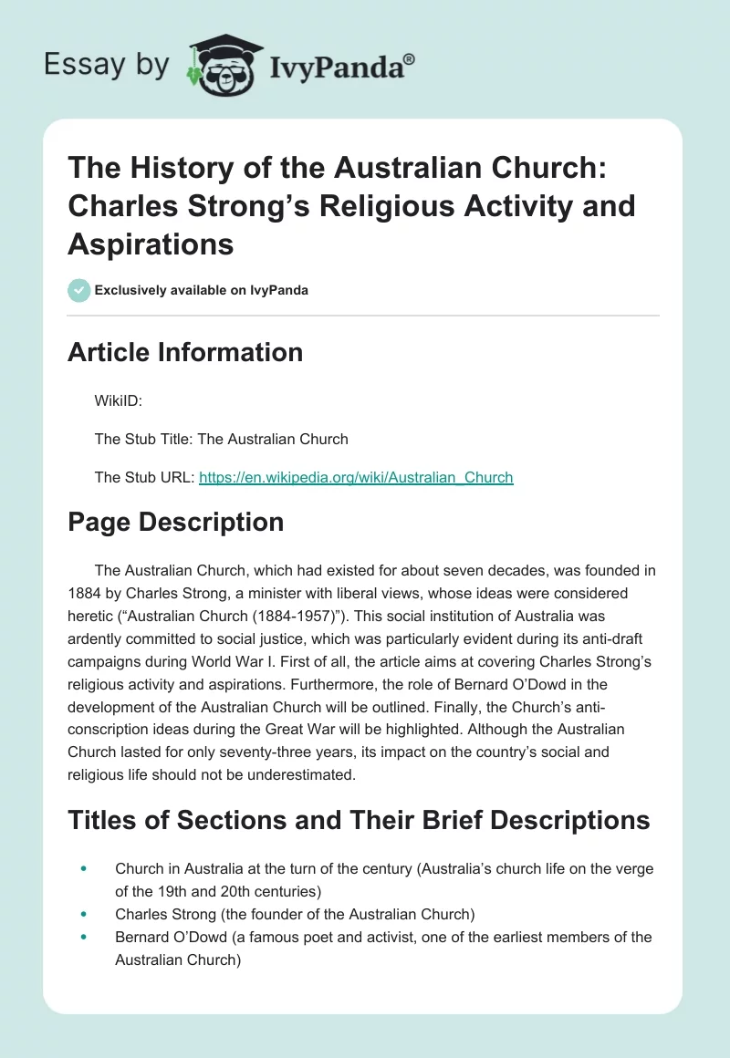 The History of the Australian Church: Charles Strong’s Religious Activity and Aspirations. Page 1