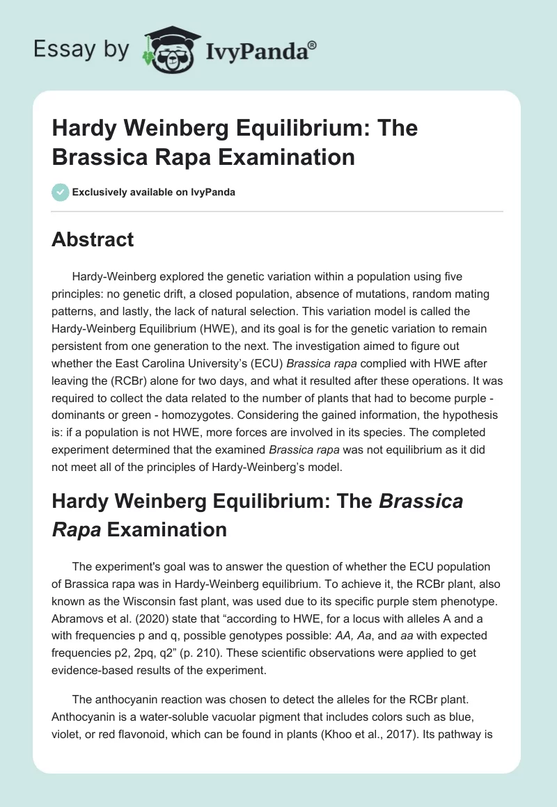 Hardy Weinberg Equilibrium: The Brassica Rapa Examination. Page 1