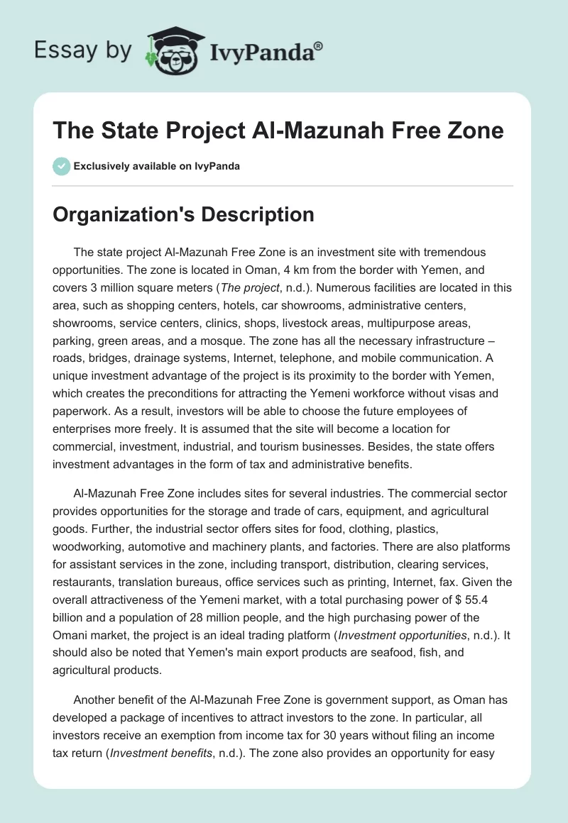 The State Project Al-Mazunah Free Zone. Page 1