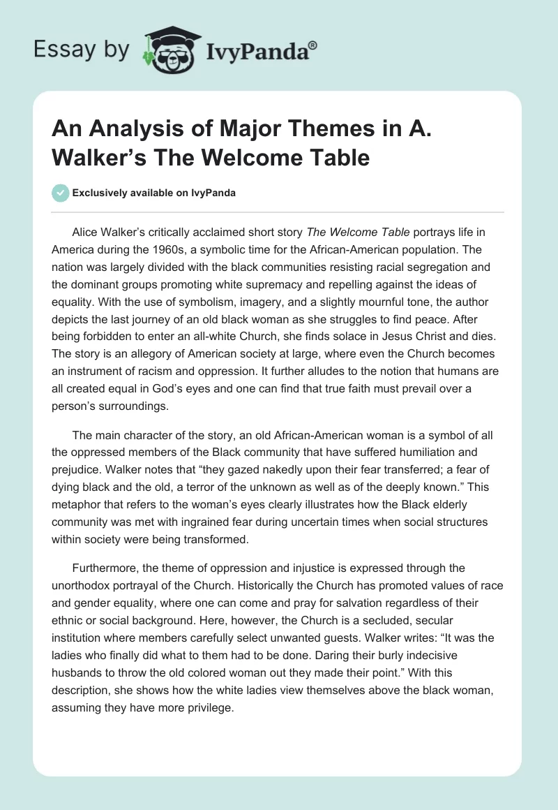 An Analysis of Major Themes in A. Walker’s "The Welcome Table". Page 1