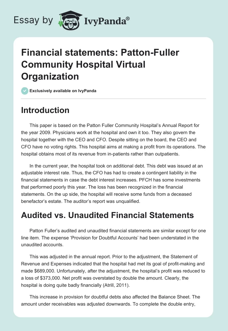 Financial Statements: Patton-Fuller Community Hospital Virtual Organization. Page 1