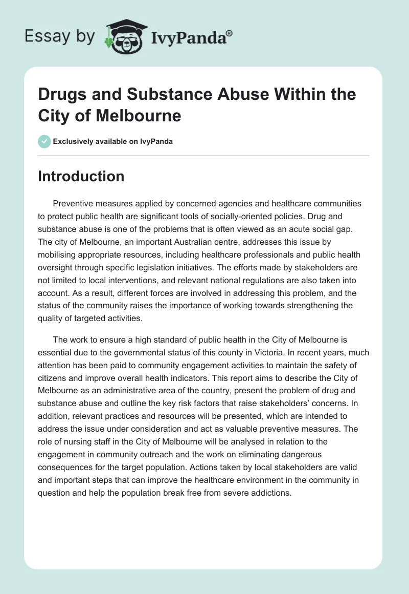 Drugs and Substance Abuse Within the City of Melbourne. Page 1
