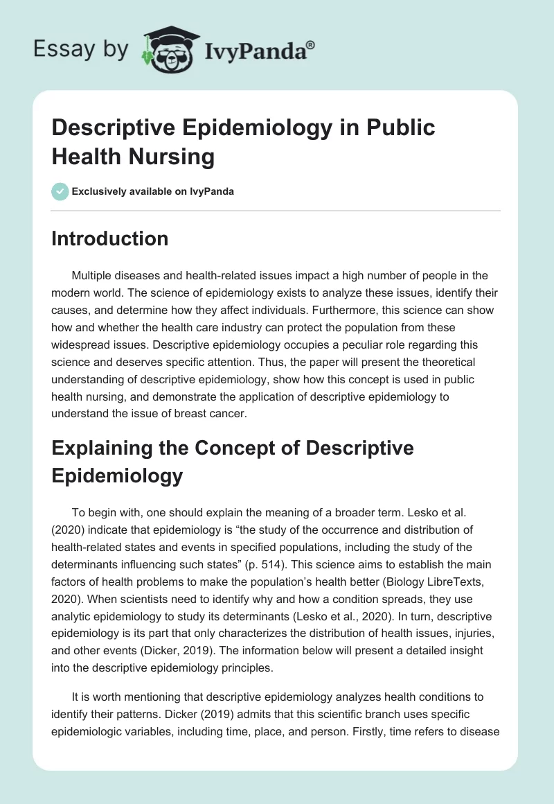 Descriptive Epidemiology in Public Health Nursing. Page 1
