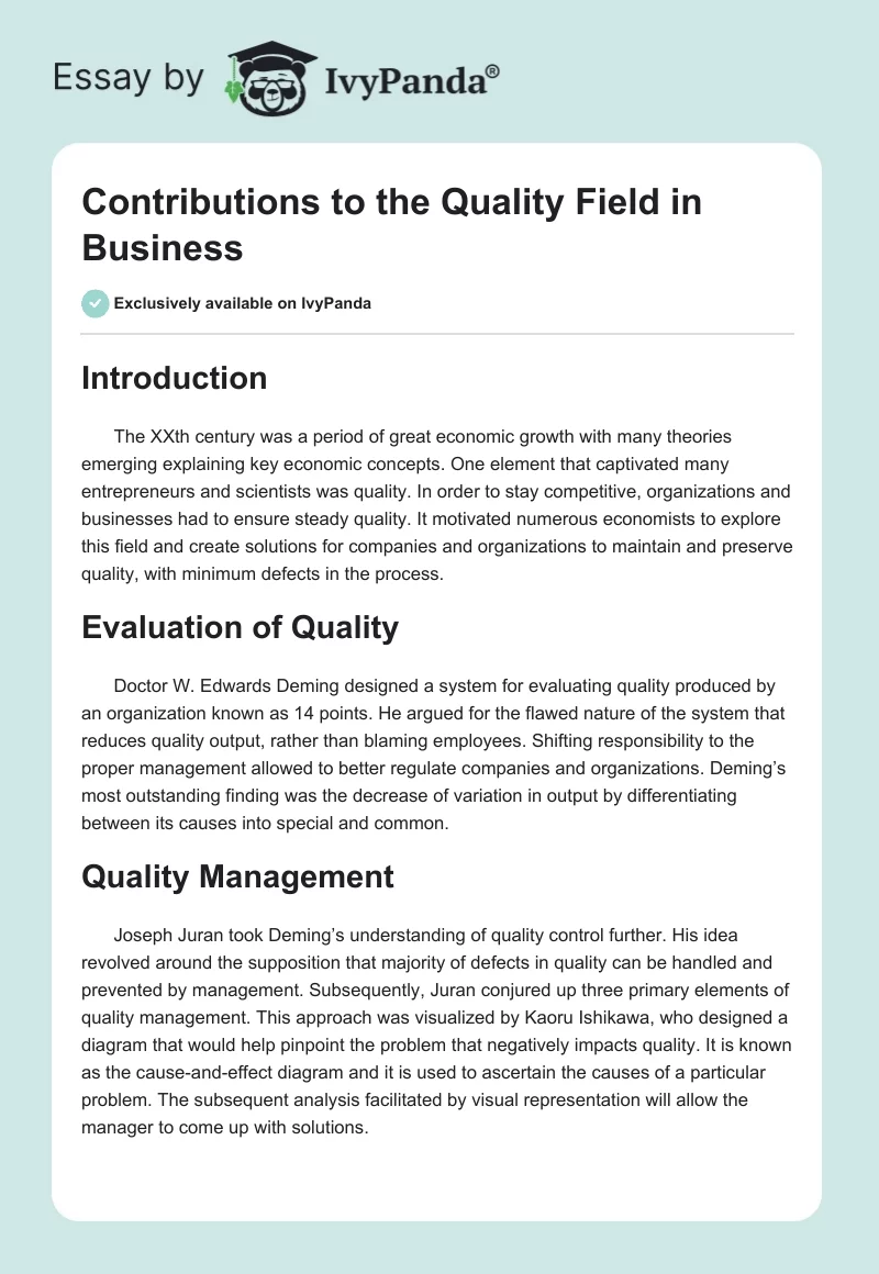 Contributions to the Quality Field in Business. Page 1