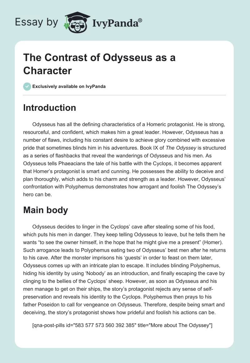 The Contrast of Odysseus as a Character. Page 1