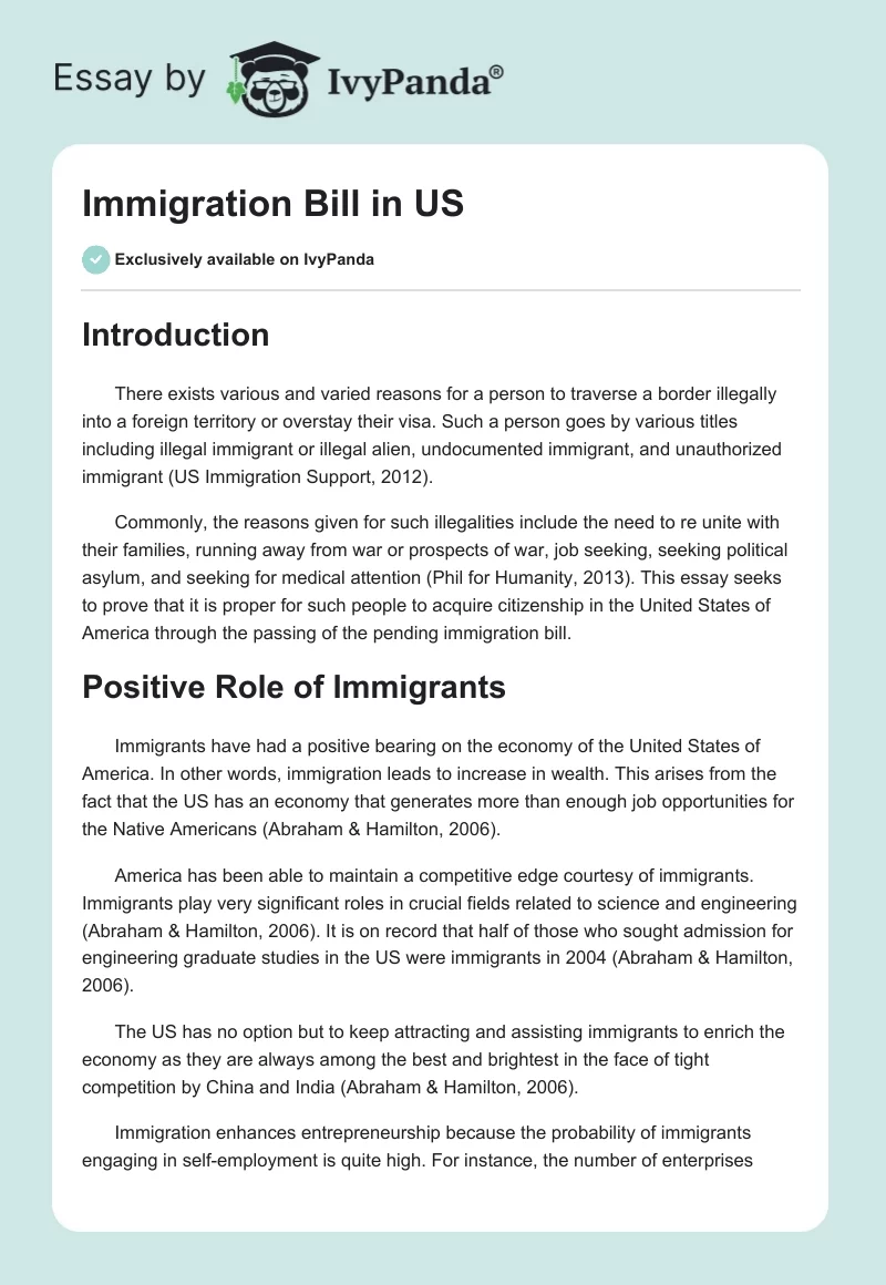 Immigration Bill in US. Page 1