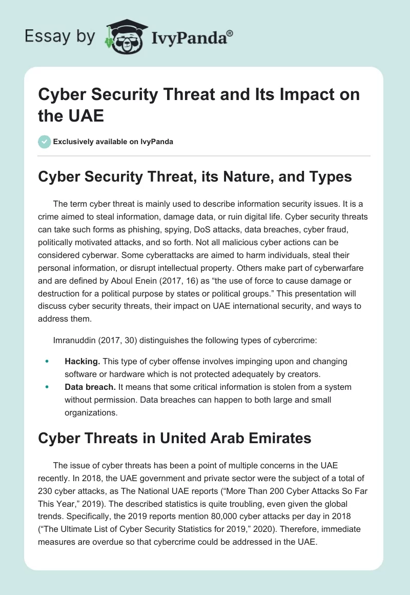 Cyber Security Threat and Its Impact on the UAE. Page 1