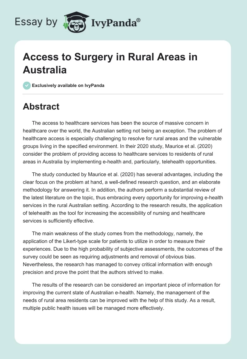 Access to Surgery in Rural Areas in Australia. Page 1