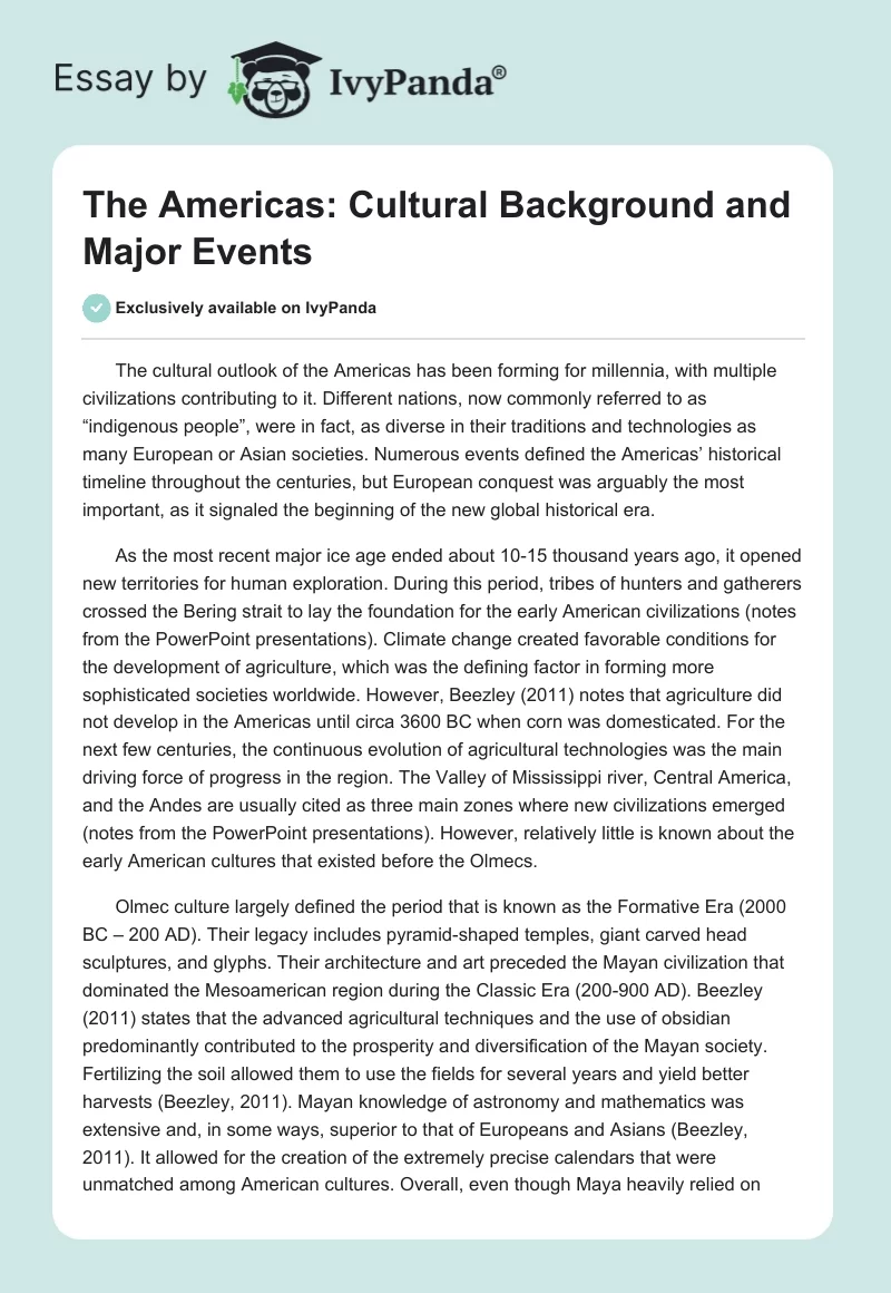 The Americas: Cultural Background and Major Events. Page 1