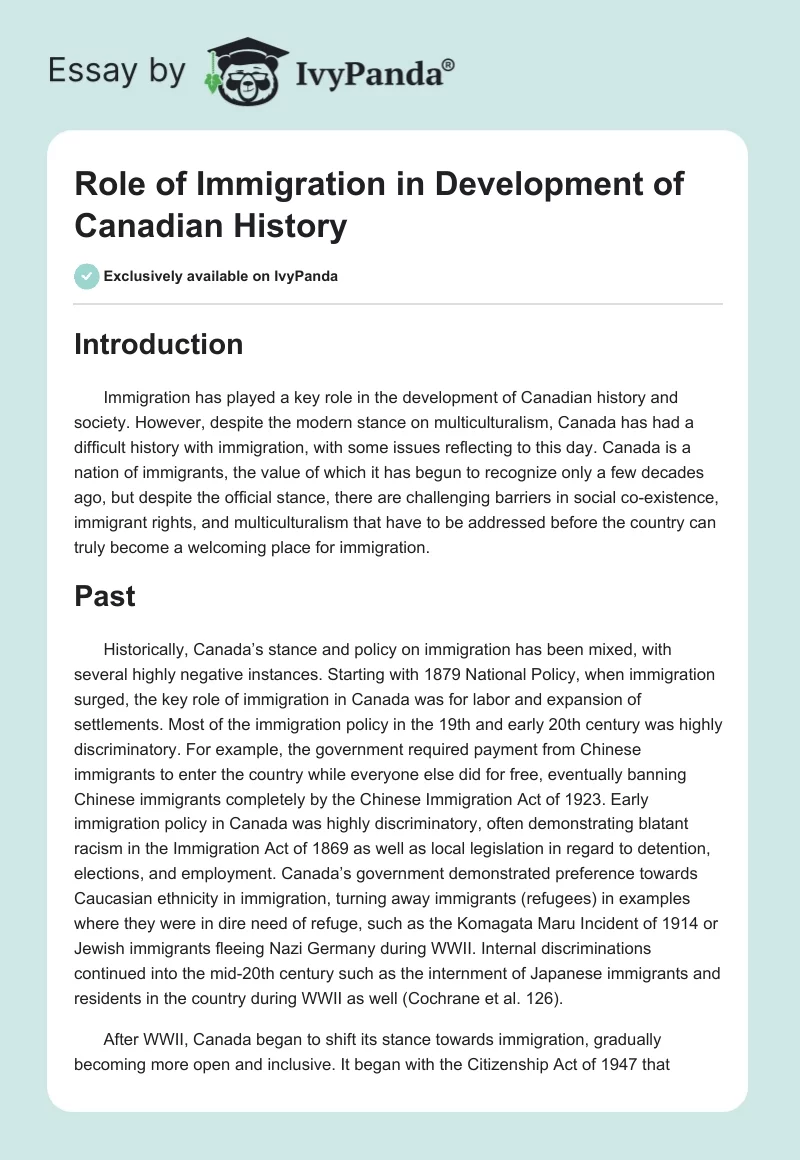 Role of Immigration in Development of Canadian History. Page 1