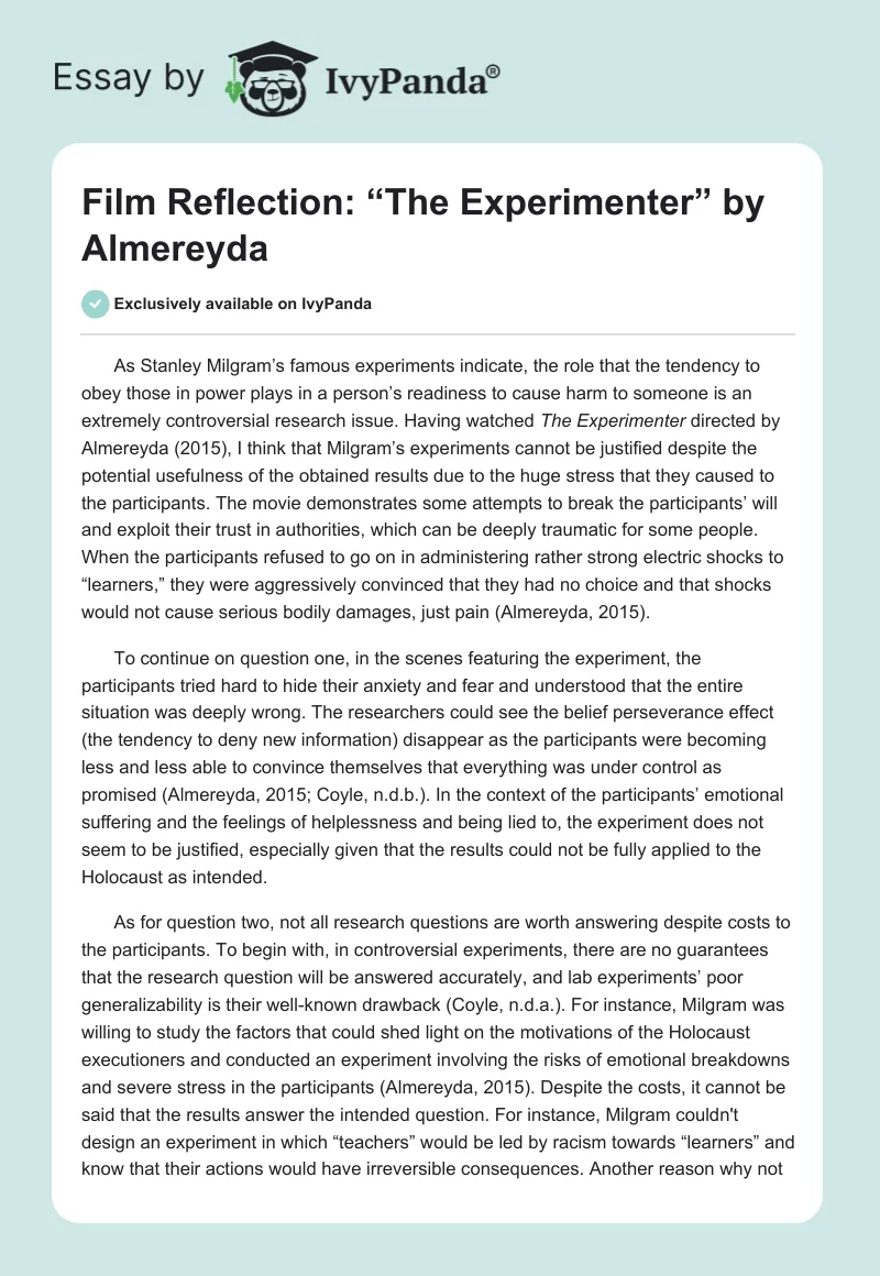 Film Reflection: “The Experimenter” by Almereyda. Page 1