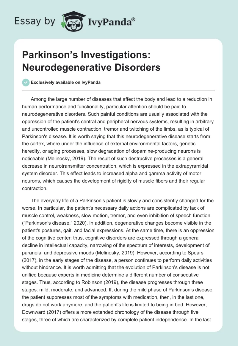 Parkinson’s Investigations: Neurodegenerative Disorders. Page 1