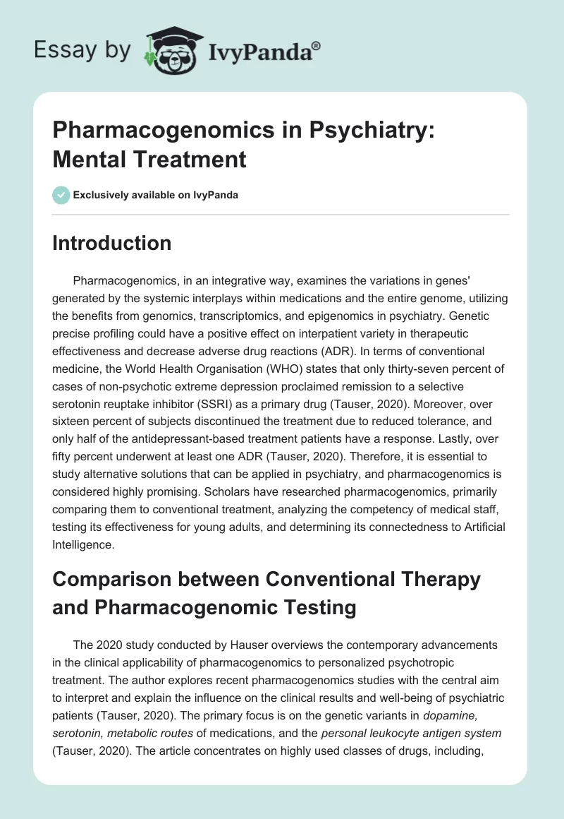 Pharmacogenomics in Psychiatry: Mental Treatment. Page 1