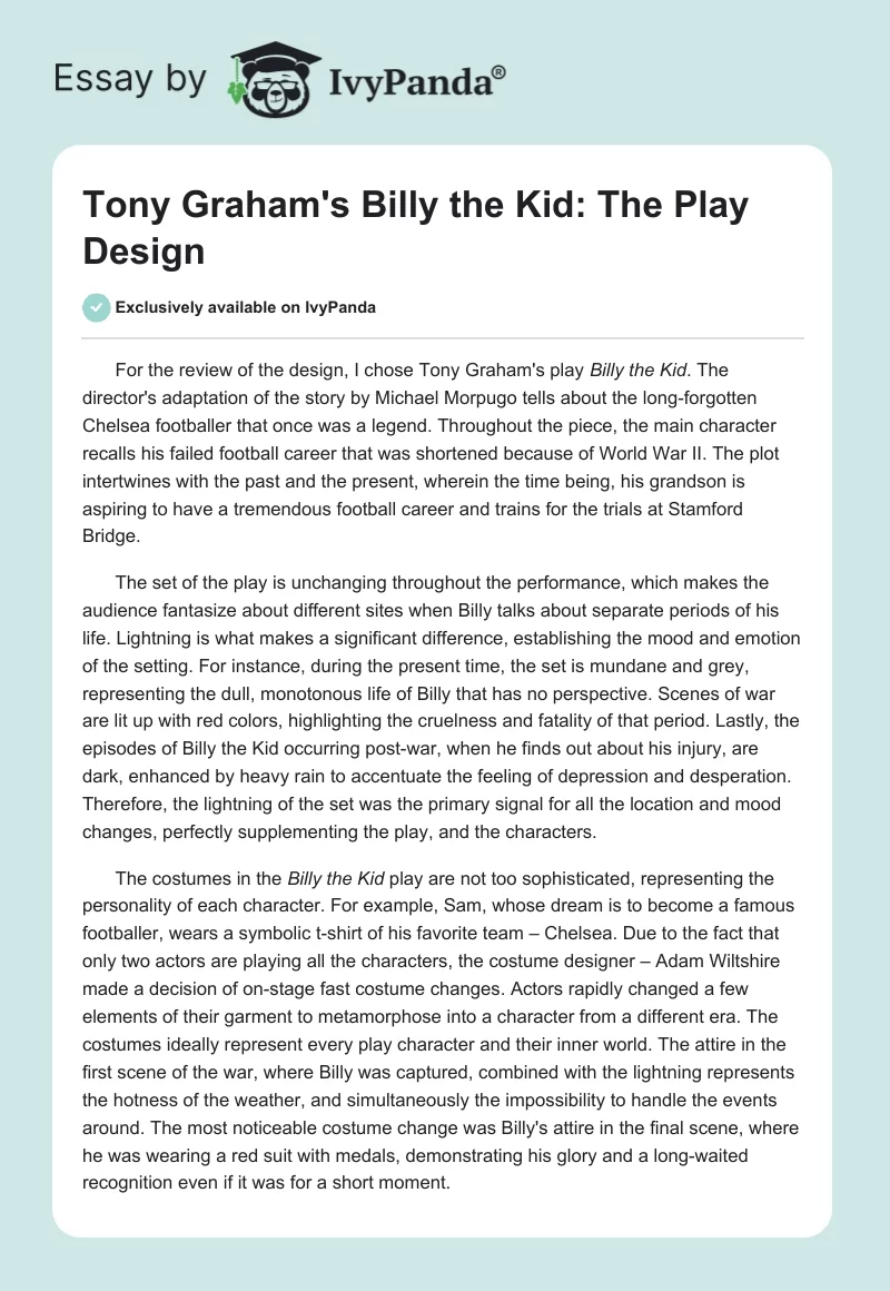 Tony Graham's "Billy the Kid": The Play Design. Page 1