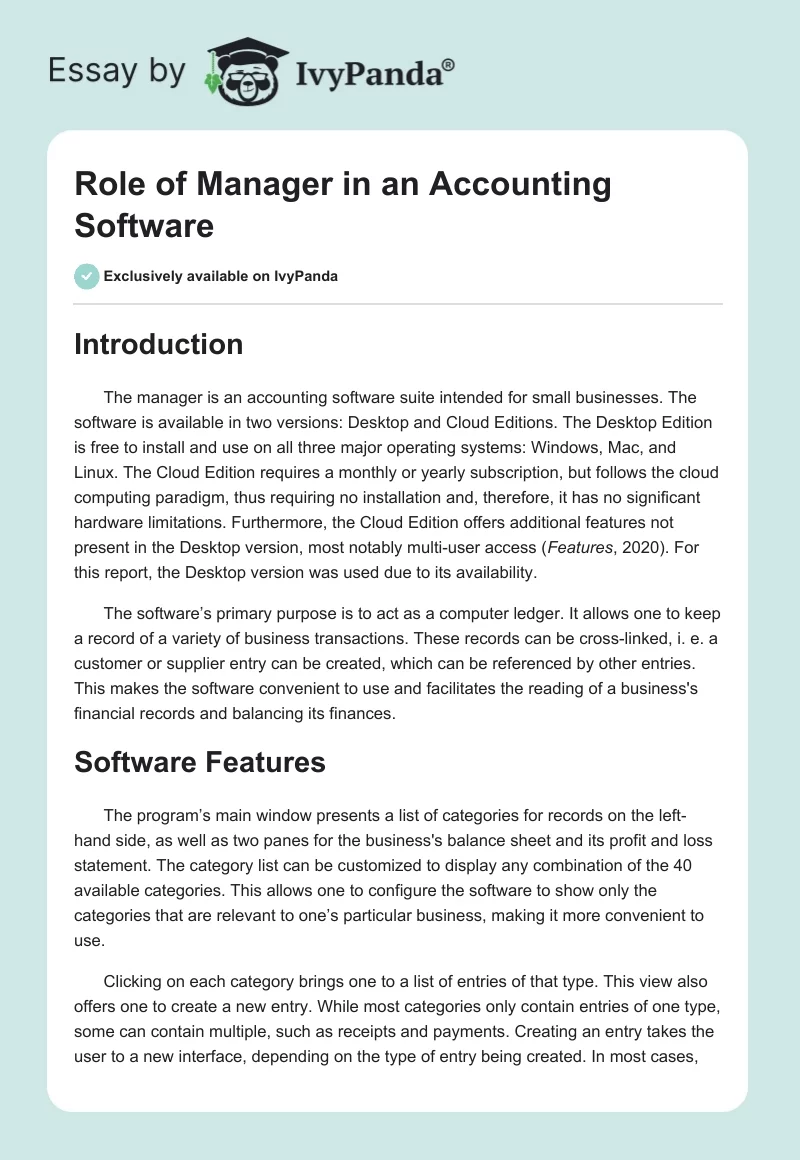 Role of Manager in an Accounting Software. Page 1