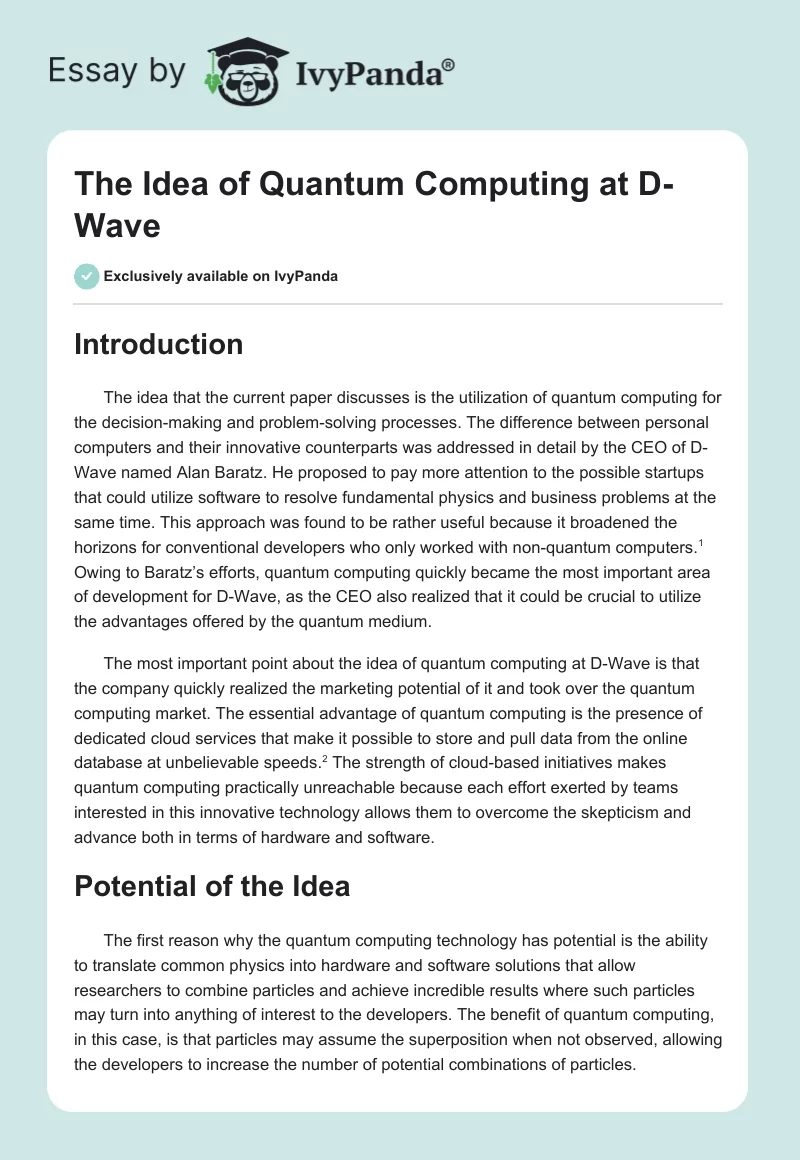 The Idea of Quantum Computing at D-Wave. Page 1