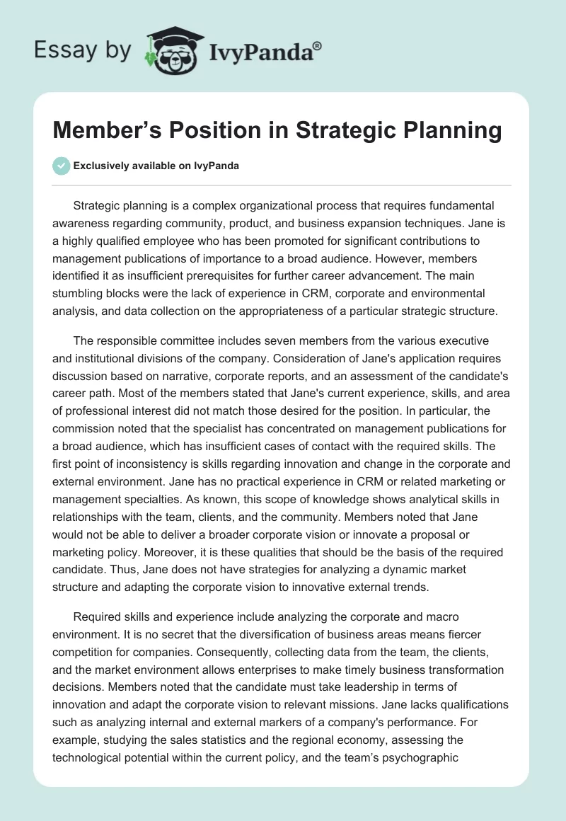 Member’s Position in Strategic Planning. Page 1