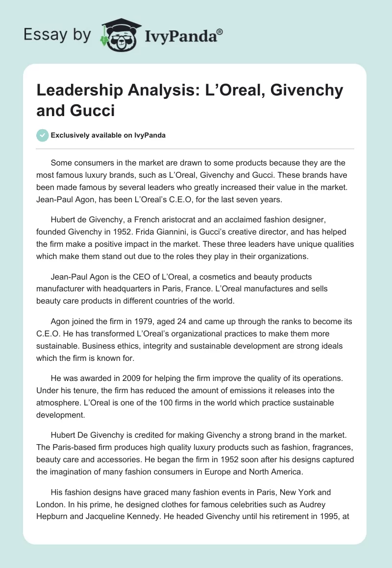 Leadership Analysis: L’Oreal, Givenchy and Gucci. Page 1