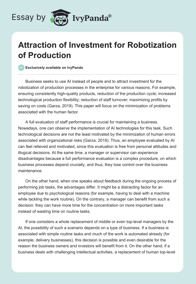 Attraction of Investment for Robotization of Production. Page 1