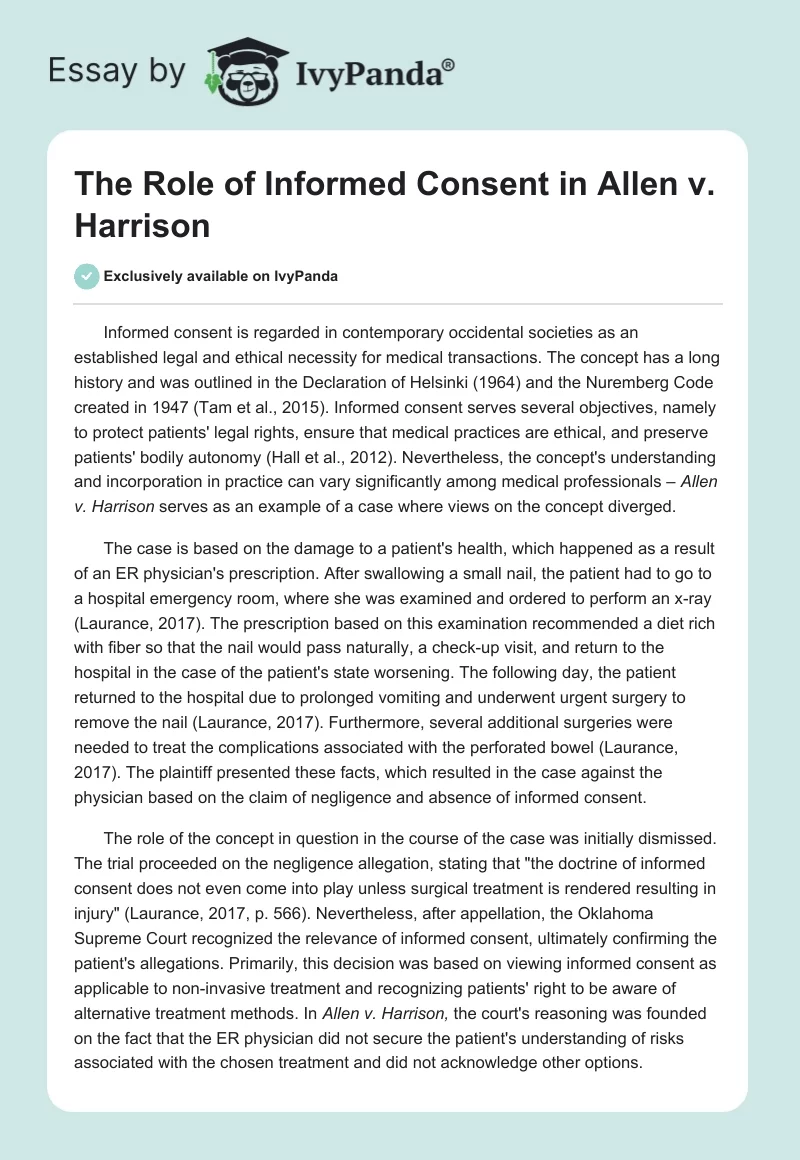 The Role of Informed Consent in Allen v. Harrison. Page 1