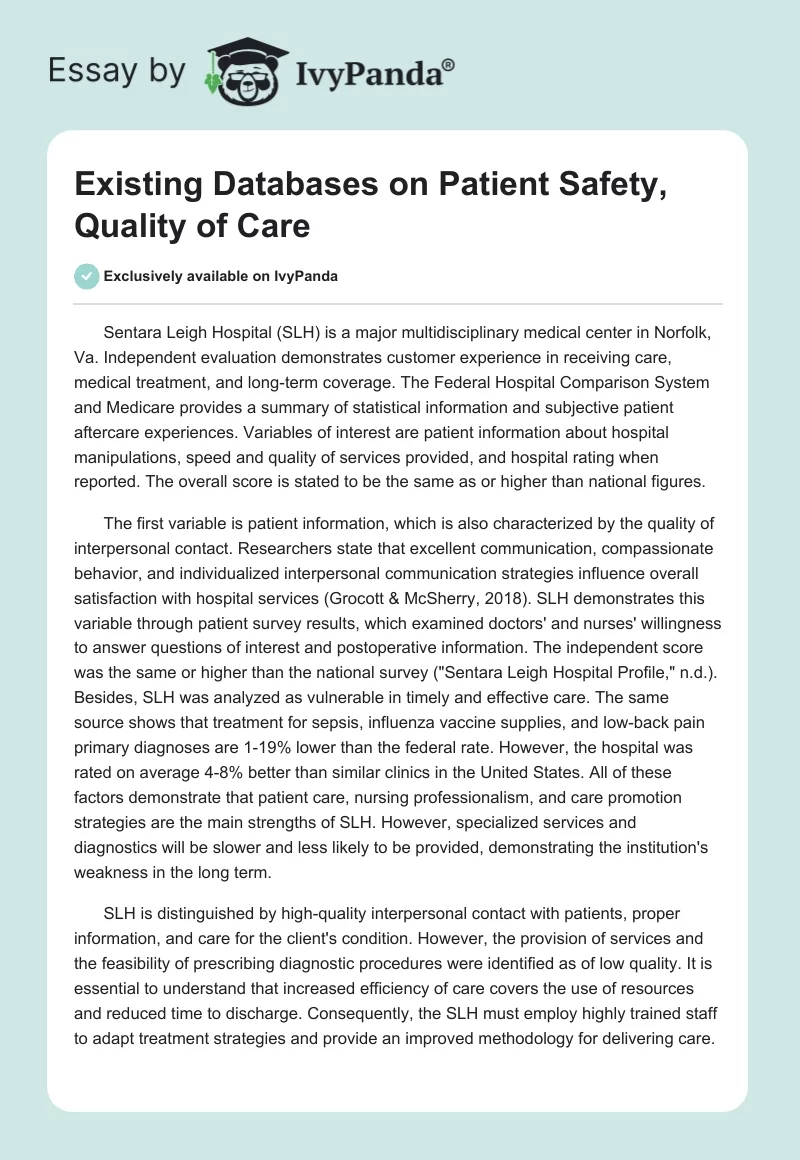 Existing Databases on Patient Safety, Quality of Care. Page 1