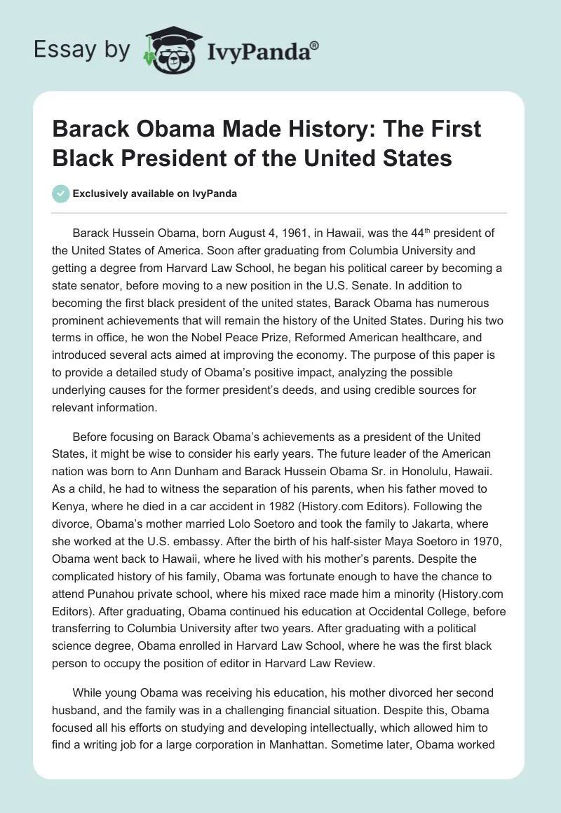 Barack Obama Made History: The First Black President of the United States. Page 1