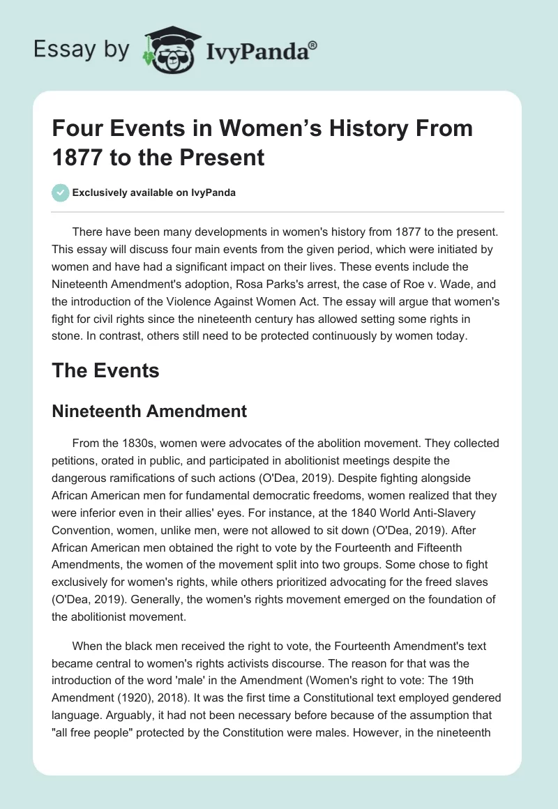 Four Events in Women’s History From 1877 to the Present. Page 1