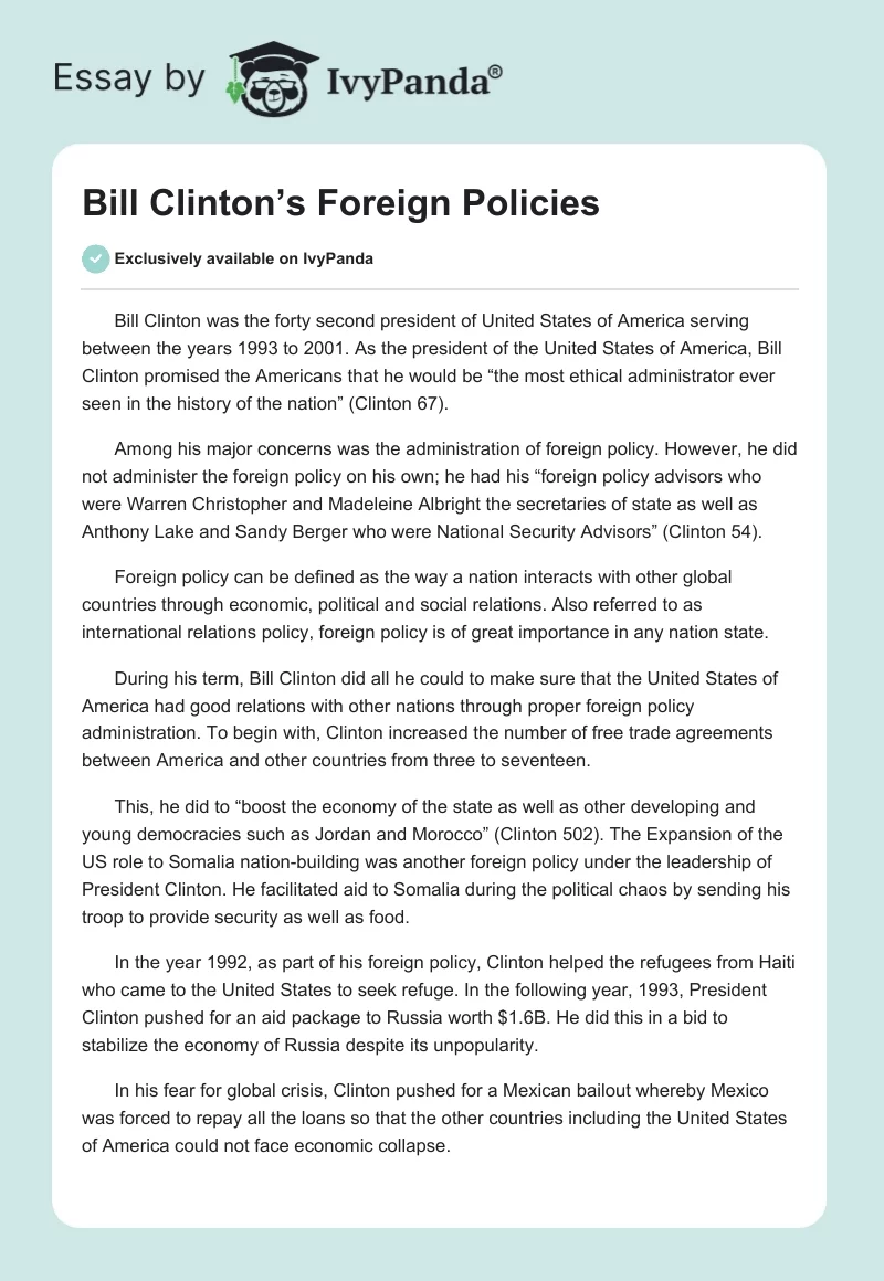 Bill Clinton’s Foreign Policies. Page 1