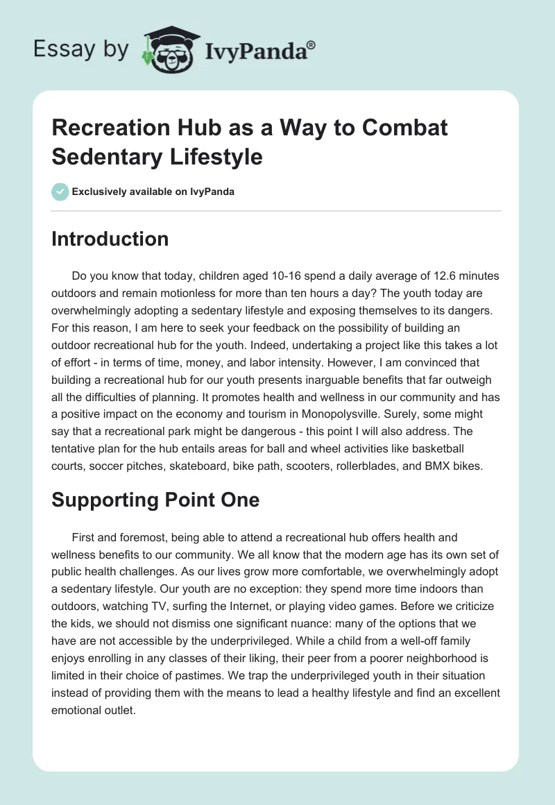 Recreation Hub as a Way to Combat Sedentary Lifestyle. Page 1
