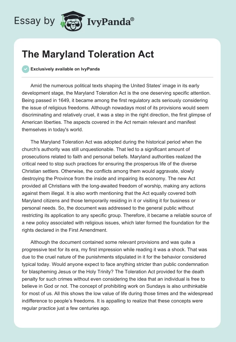The Maryland Toleration Act. Page 1