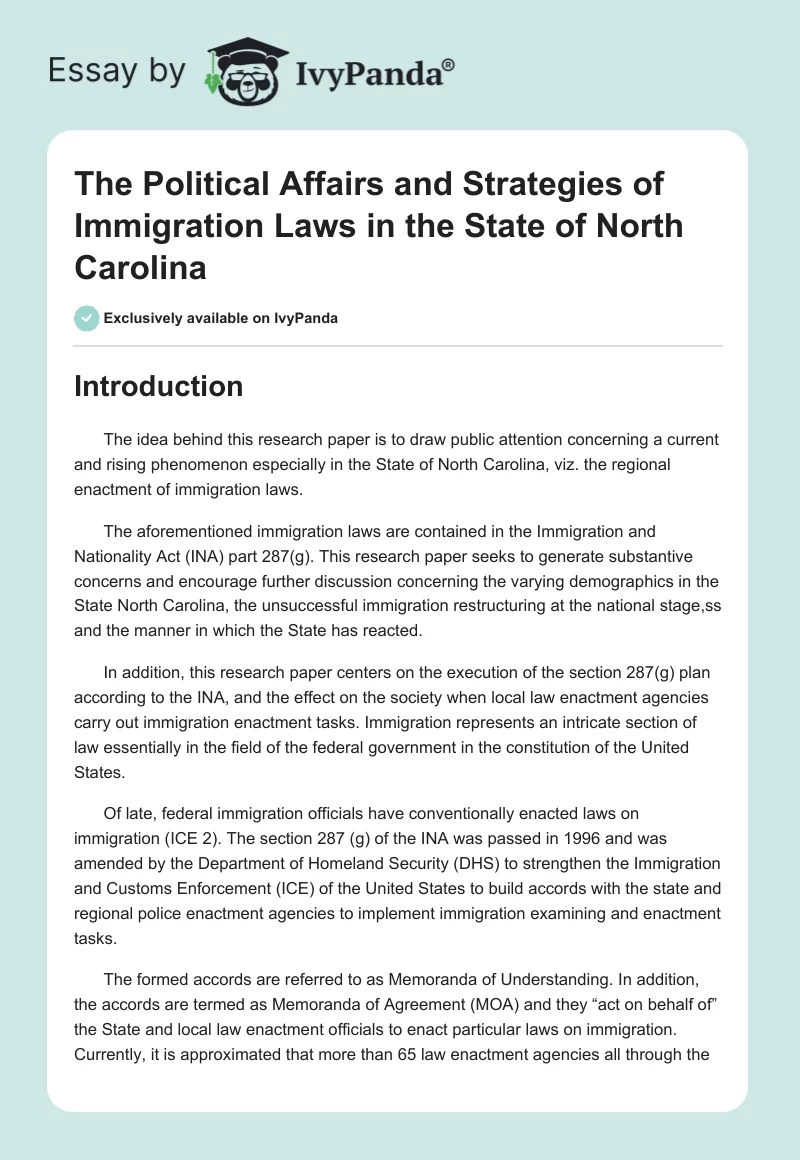 The Political Affairs and Strategies of Immigration Laws in the State of North Carolina. Page 1