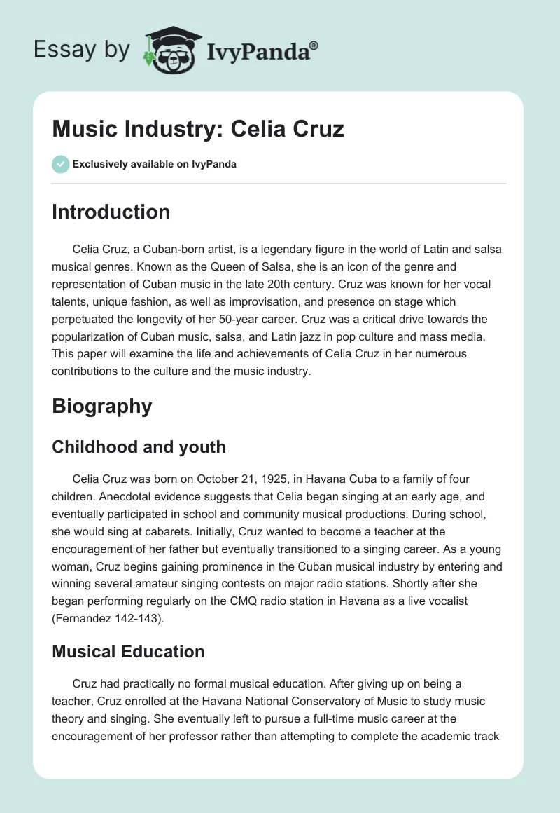 Music Industry: Celia Cruz. Page 1