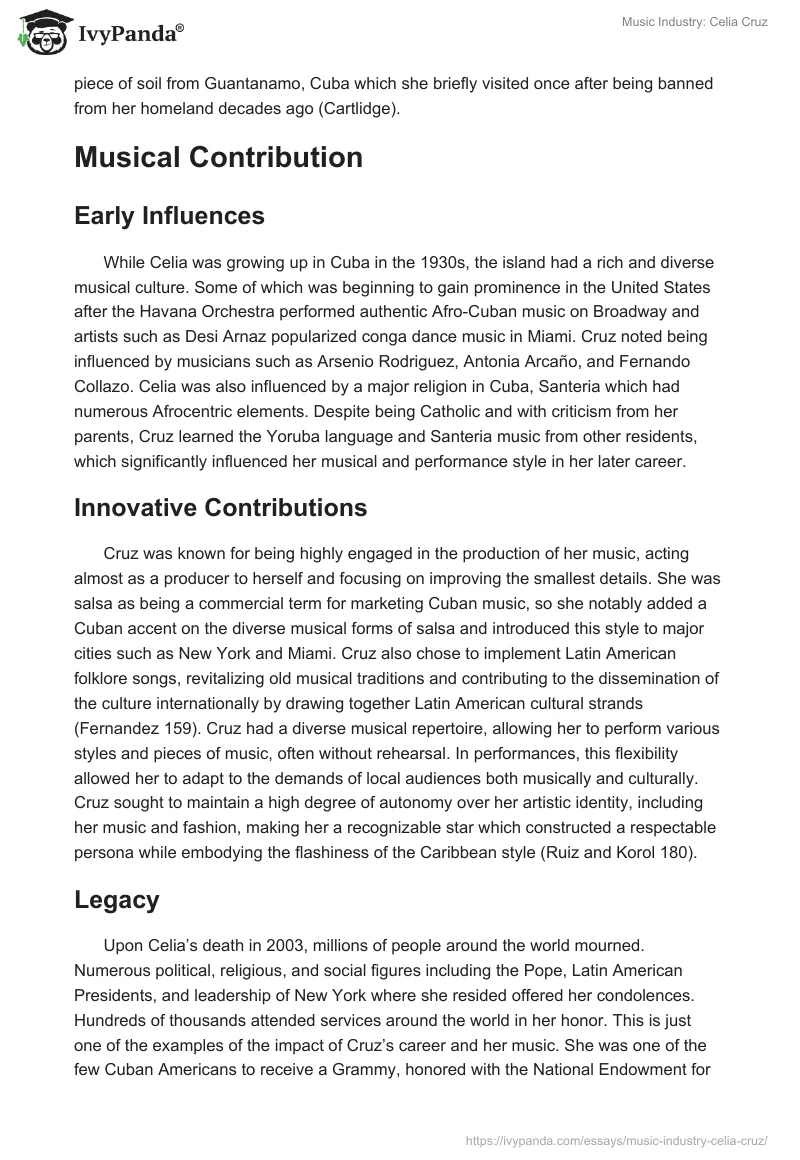 Music Industry: Celia Cruz - 1458 Words | Research Paper Example