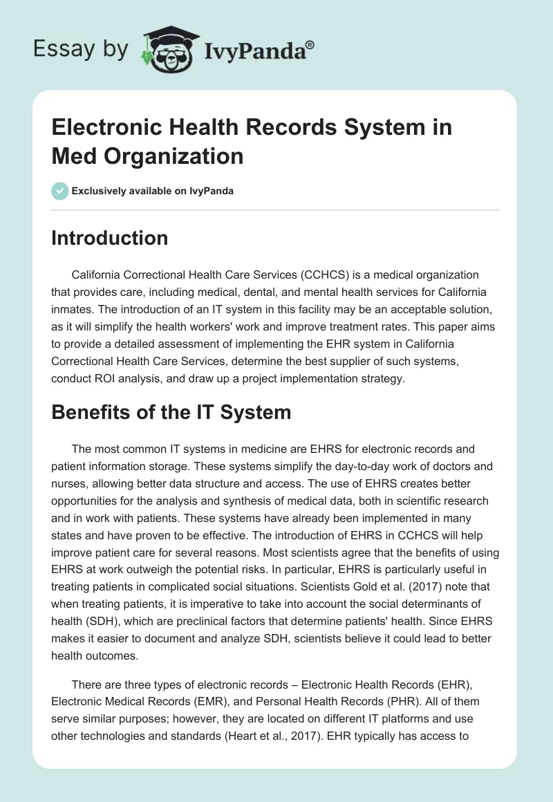 Electronic Health Records System in Med Organization. Page 1
