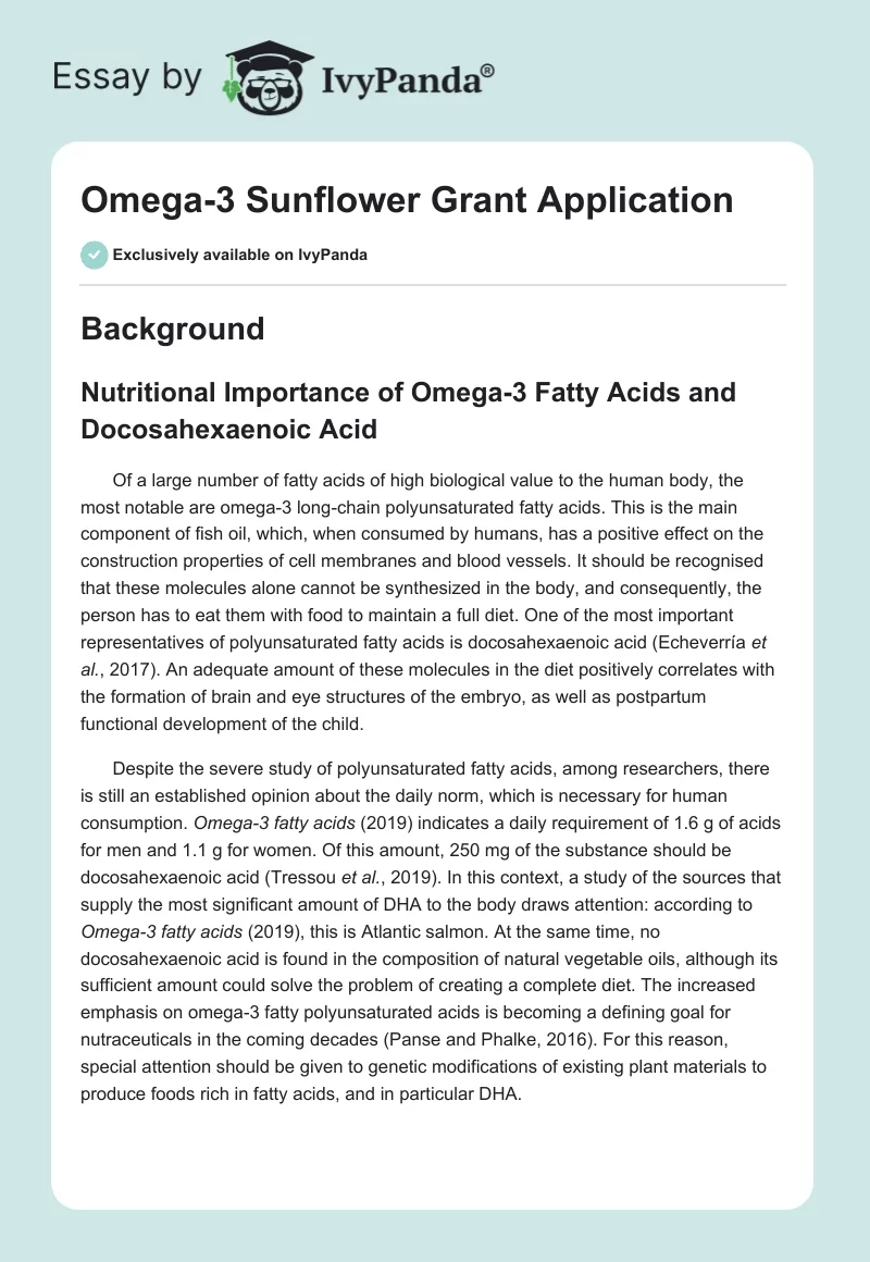 Omega-3 Sunflower Grant Application. Page 1