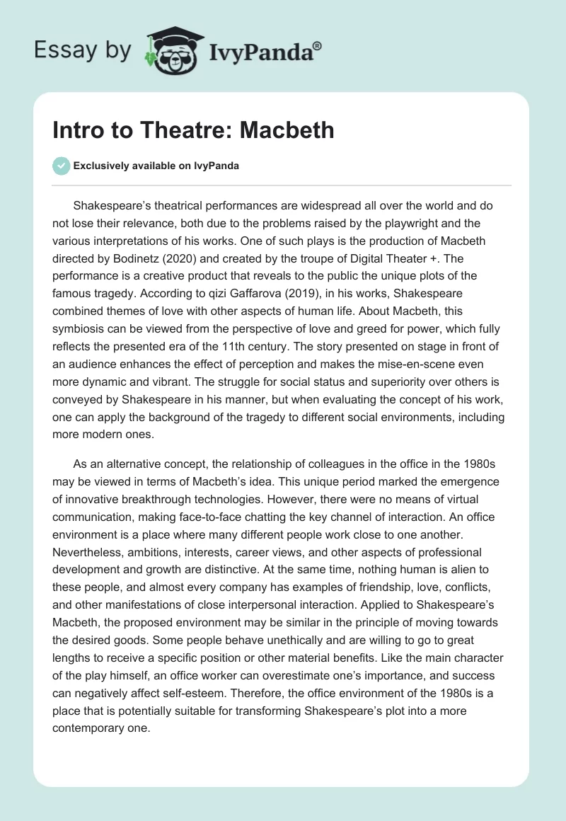 Intro to Theatre: "Macbeth". Page 1