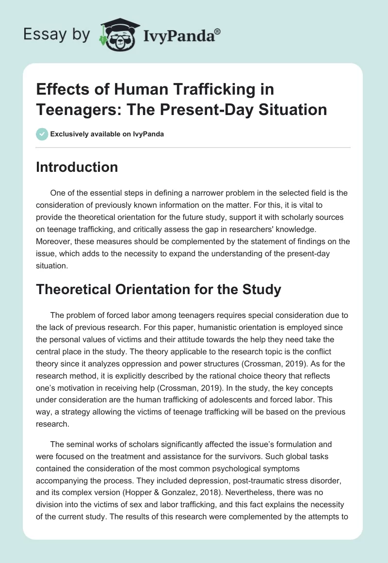 Effects of Human Trafficking in Teenagers: The Present-Day Situation. Page 1