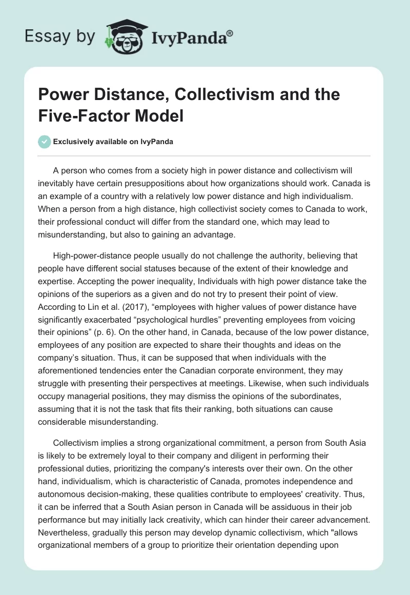Power Distance, Collectivism and the Five-Factor Model. Page 1