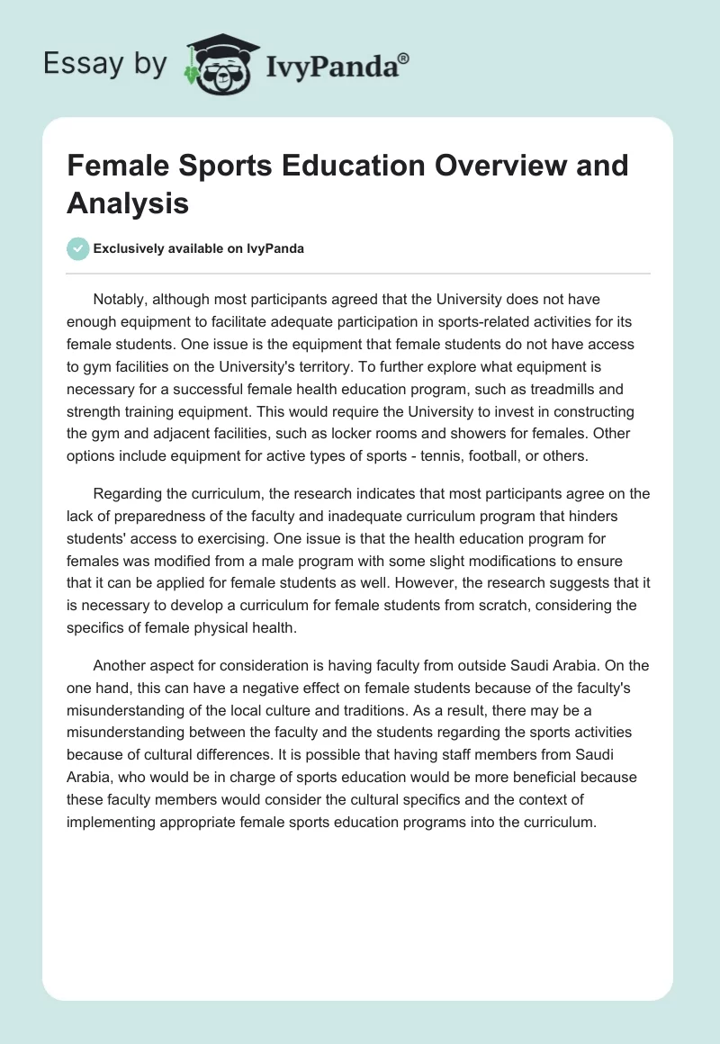 Female Sports Education Overview and Analysis. Page 1