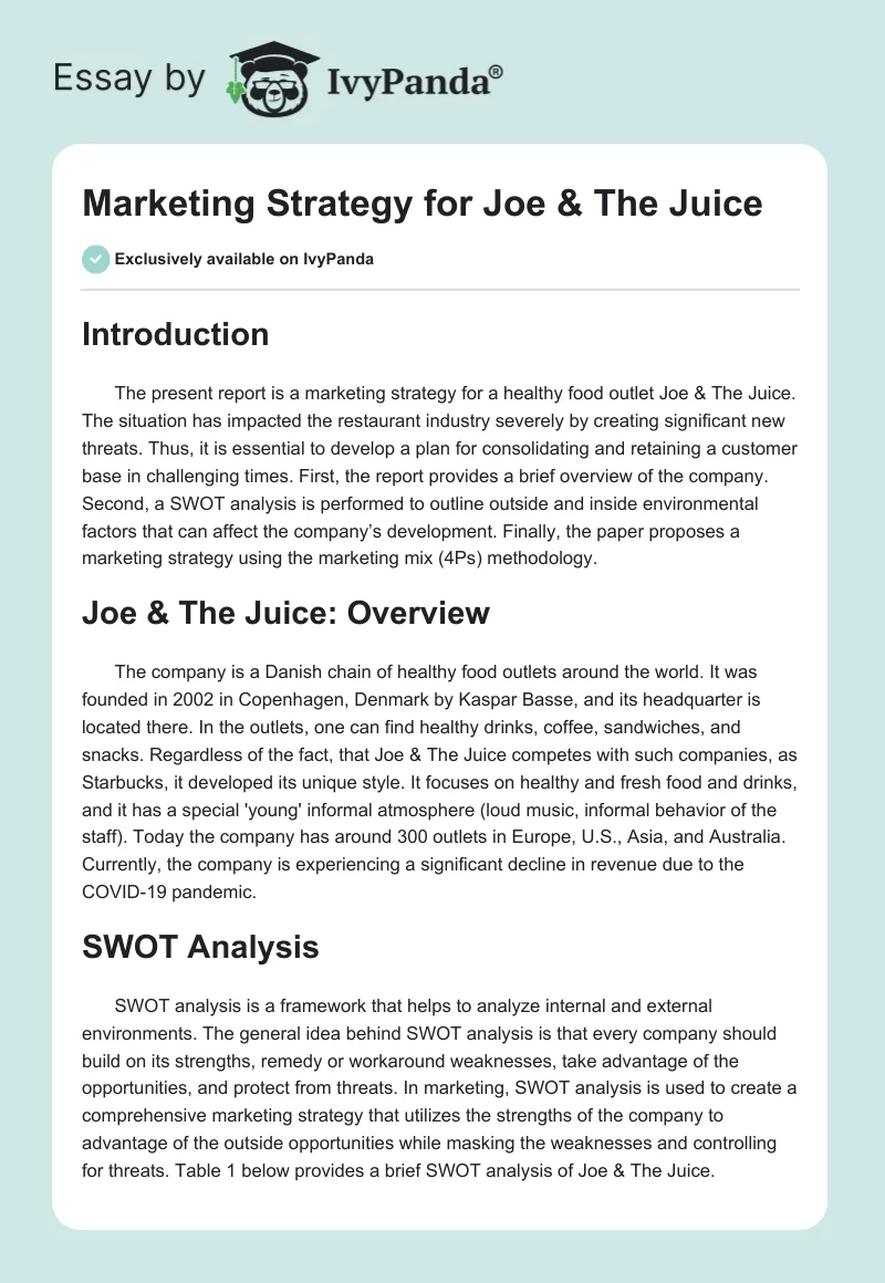 Marketing Strategy for Joe & The Juice. Page 1