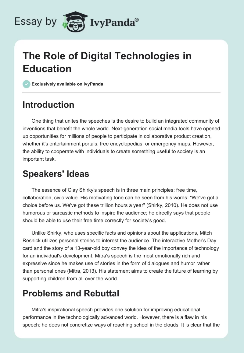 The Role of Digital Technologies in Education. Page 1