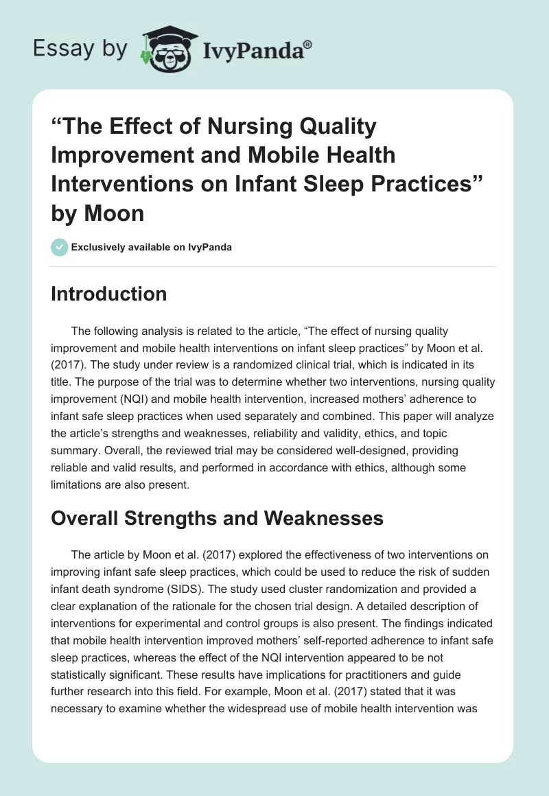 “The Effect of Nursing Quality Improvement and Mobile Health Interventions on Infant Sleep Practices” by Moon. Page 1