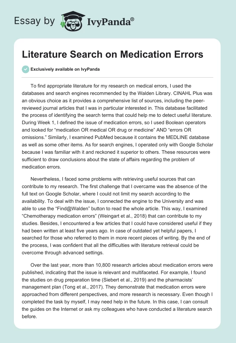 Literature Search on Medication Errors. Page 1