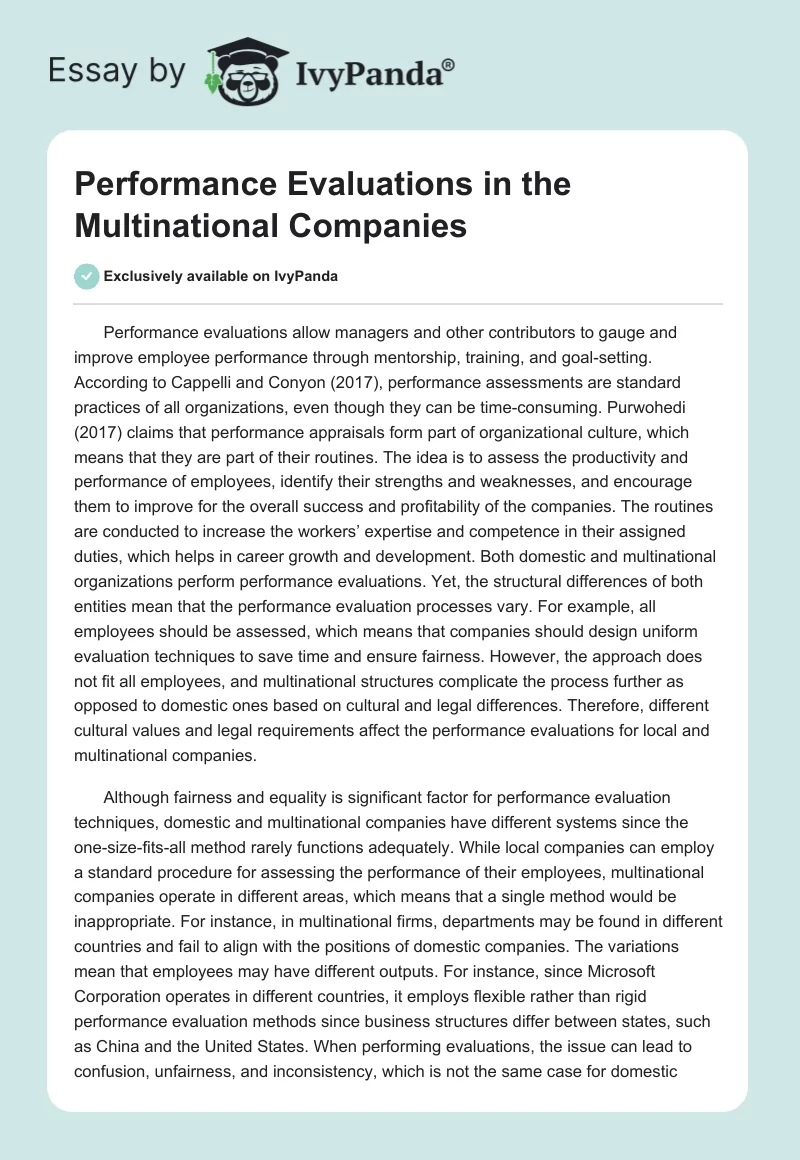Performance Evaluations in the Multinational Companies. Page 1
