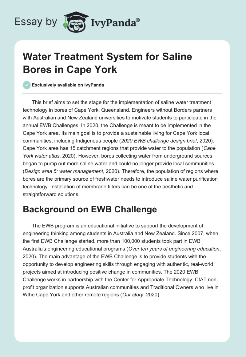 Water Treatment System for Saline Bores in Cape York. Page 1