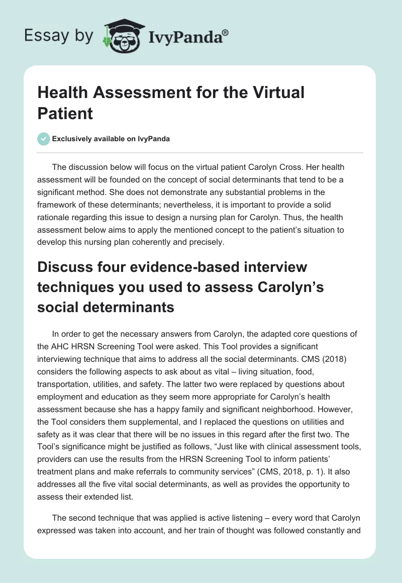 Health Assessment for the Virtual Patient. Page 1