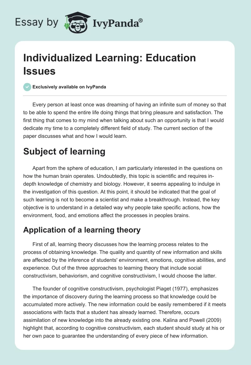 Individualized Learning: Education Issues. Page 1
