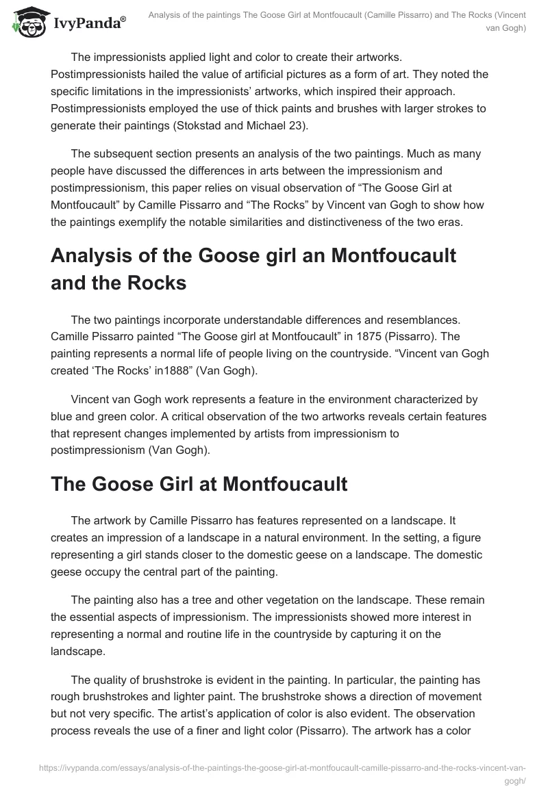 Analysis of the Paintings The Goose Girl at Montfoucault (Camille Pissarro) and The Rocks (Vincent van Gogh). Page 2